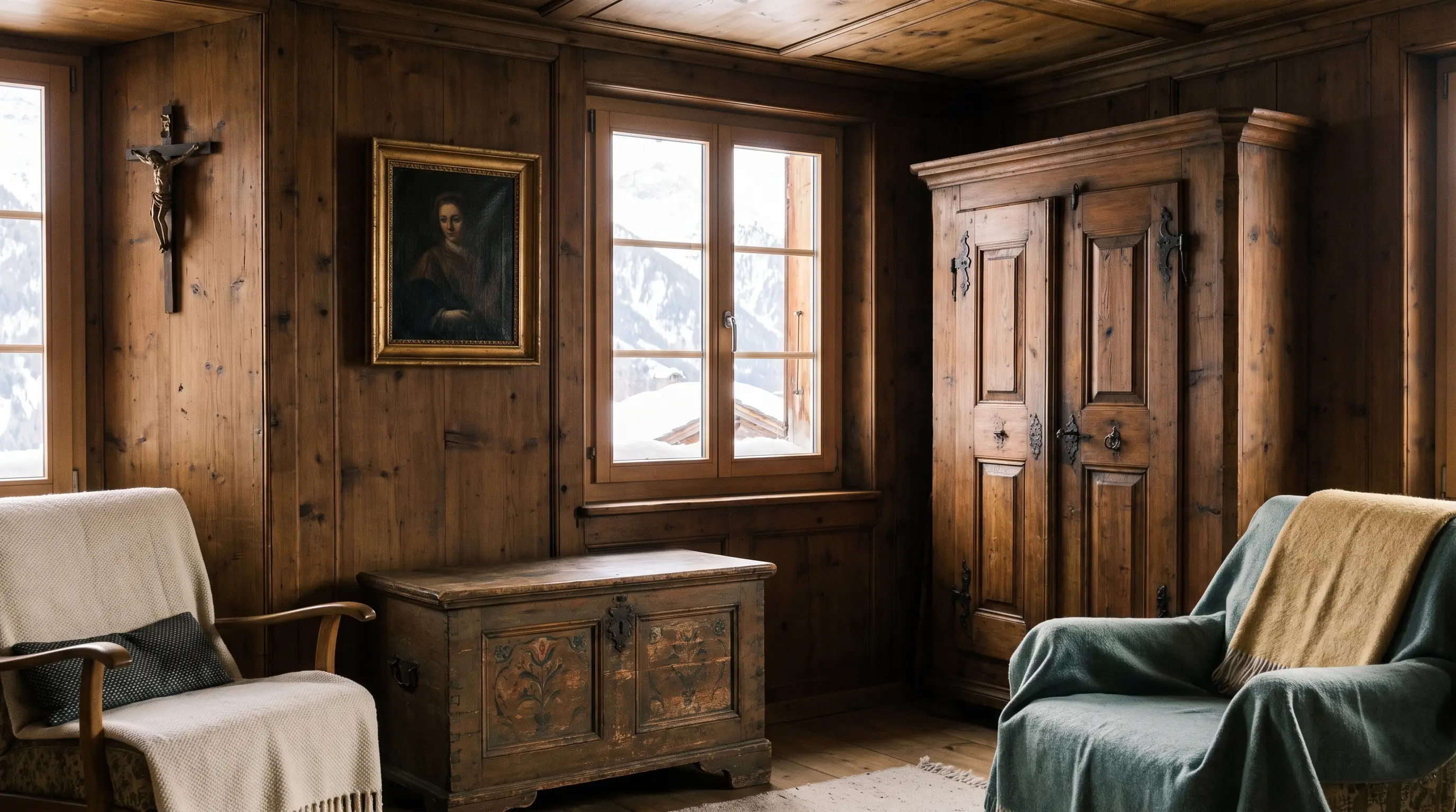 Salon de chalet valaisan : buffet sculpté, coffre peint, crucifix en bronze
