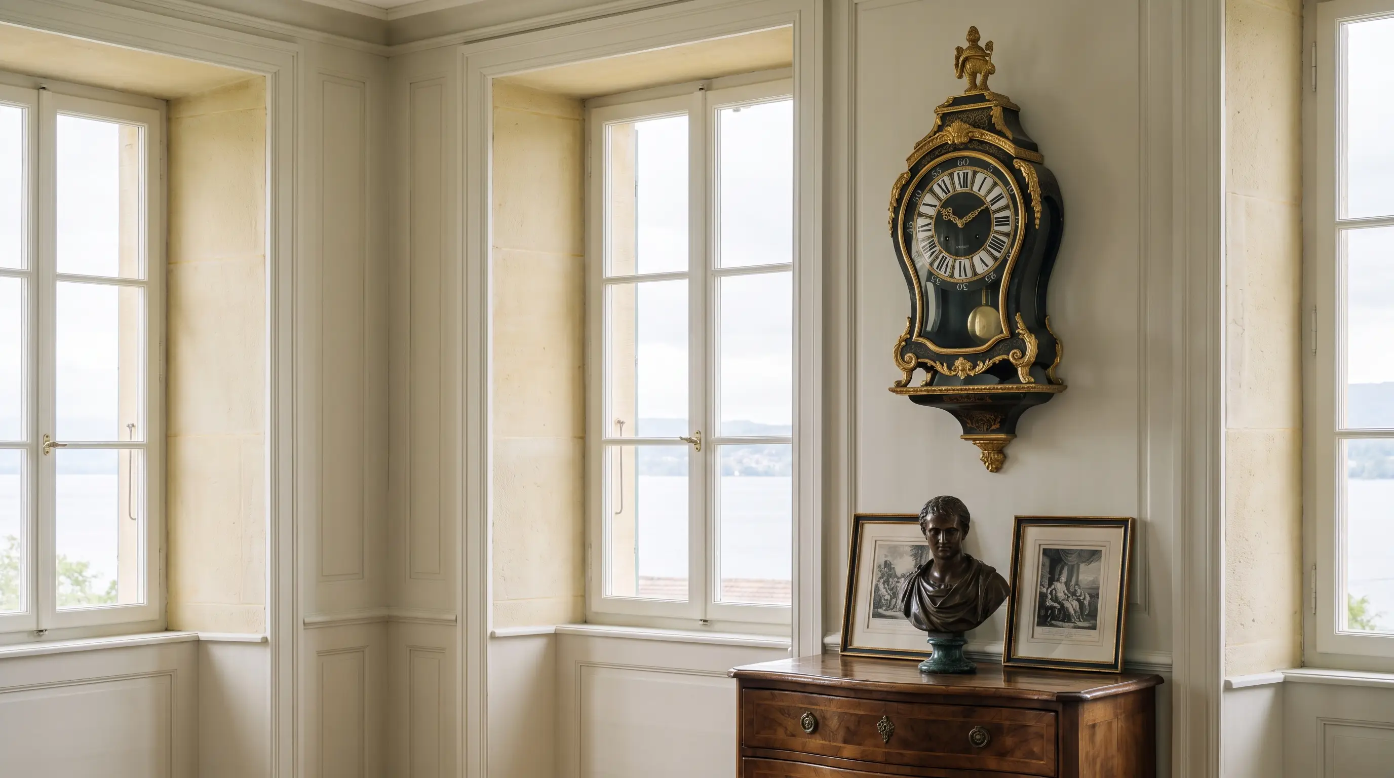 Salon lambrissé d’une maison patricienne neuchâteloise avec pendule et commode