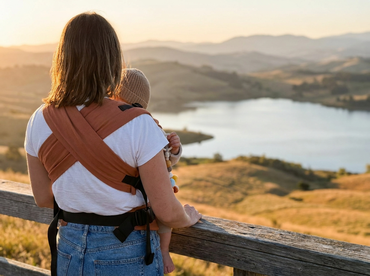 Parent carrying a toddler in a Née carrier outdoors