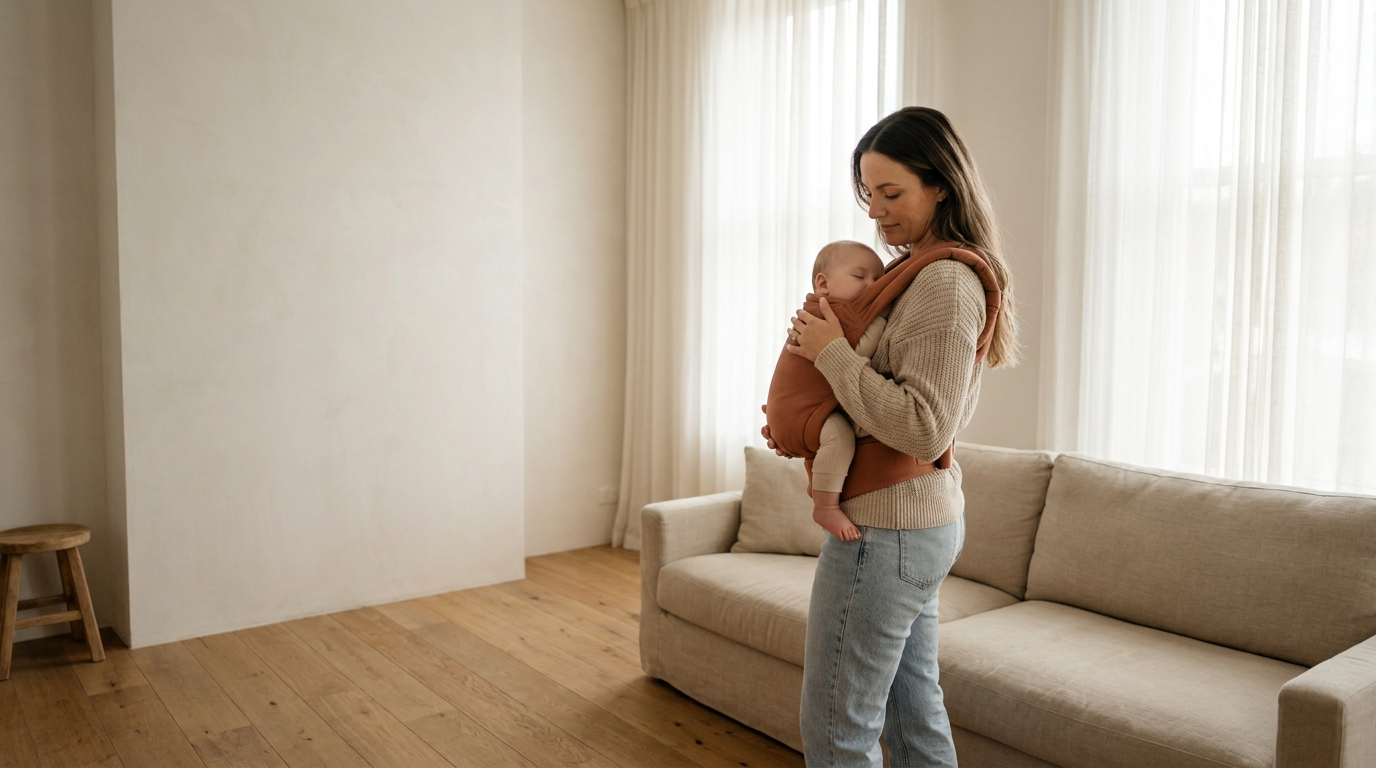 Mother and baby at home in soft morning light