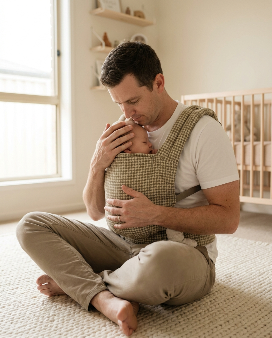 Father carrying his sleeping baby in a Née carrier
