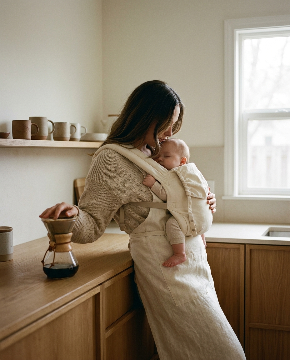 Parent making coffee while babywearing