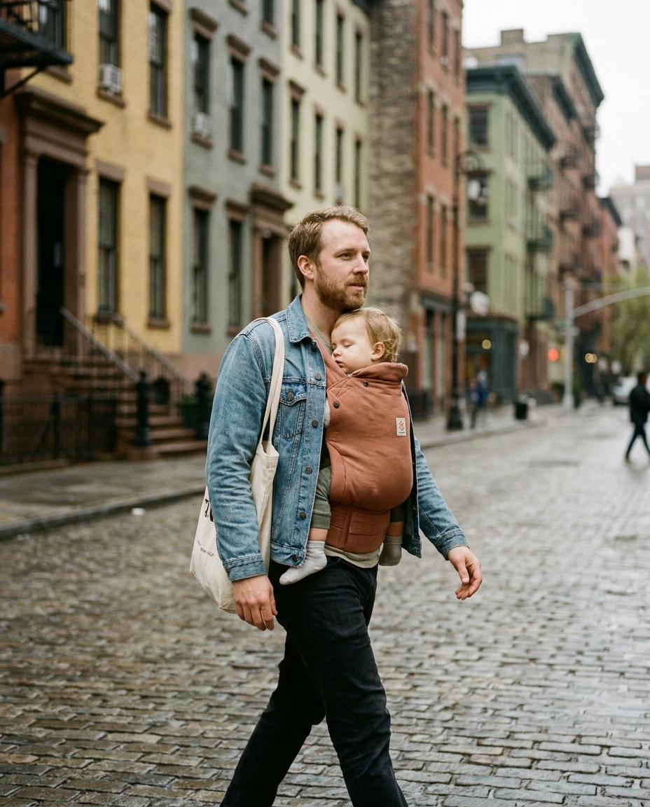 Father holding a sleeping baby in a carrier