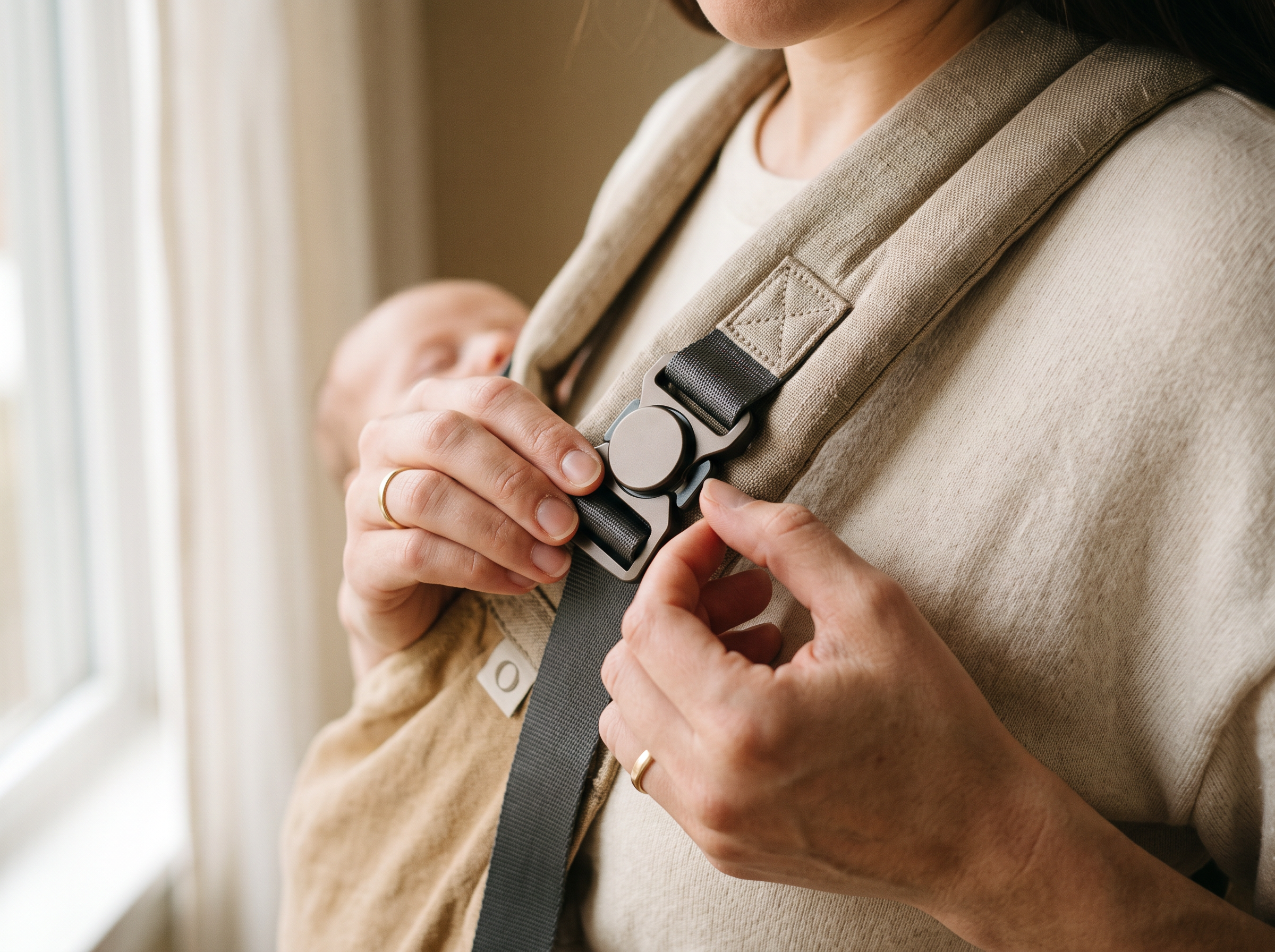 Close-up of hands adjusting a Née carrier buckle