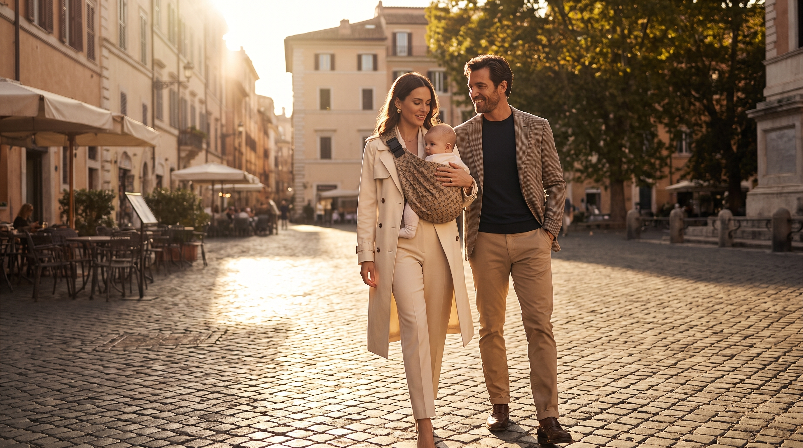 Stylish couple with baby in Née Sling on European street