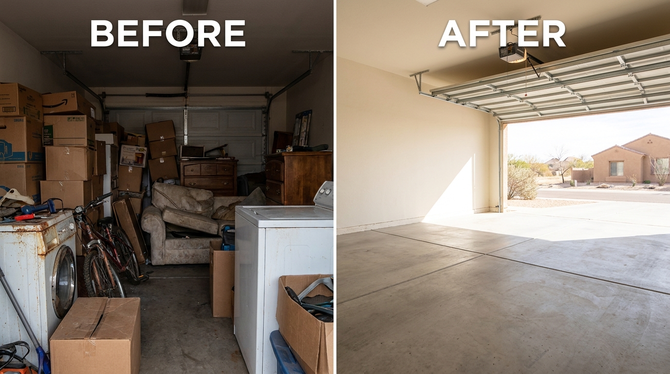 Before and after Pinkies Junk Removal cleanout