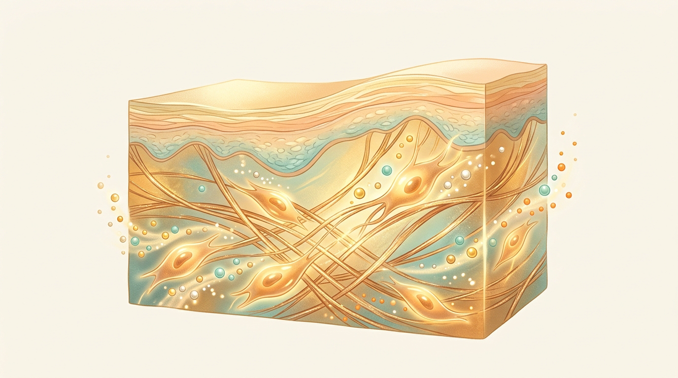 Illustration of skin cell renewal and collagen synthesis nourished by vitamin C, vitamin E, zinc, and biotin
