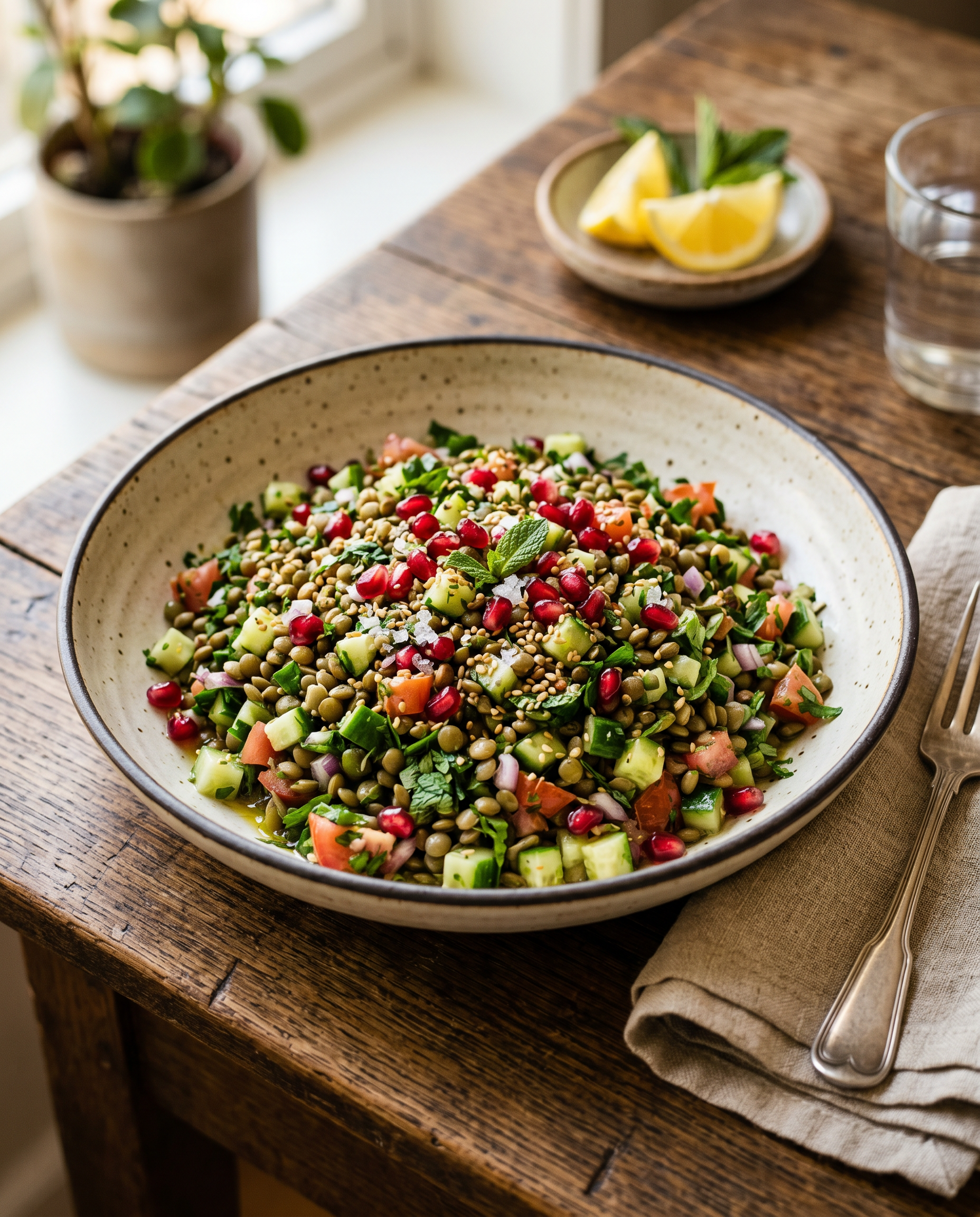 A bowl of Mediterranean lentil and herb salad with cucumber, tomato, parsley, mint, and a pomegranate seed garnish, shot from a three-quarter angle.