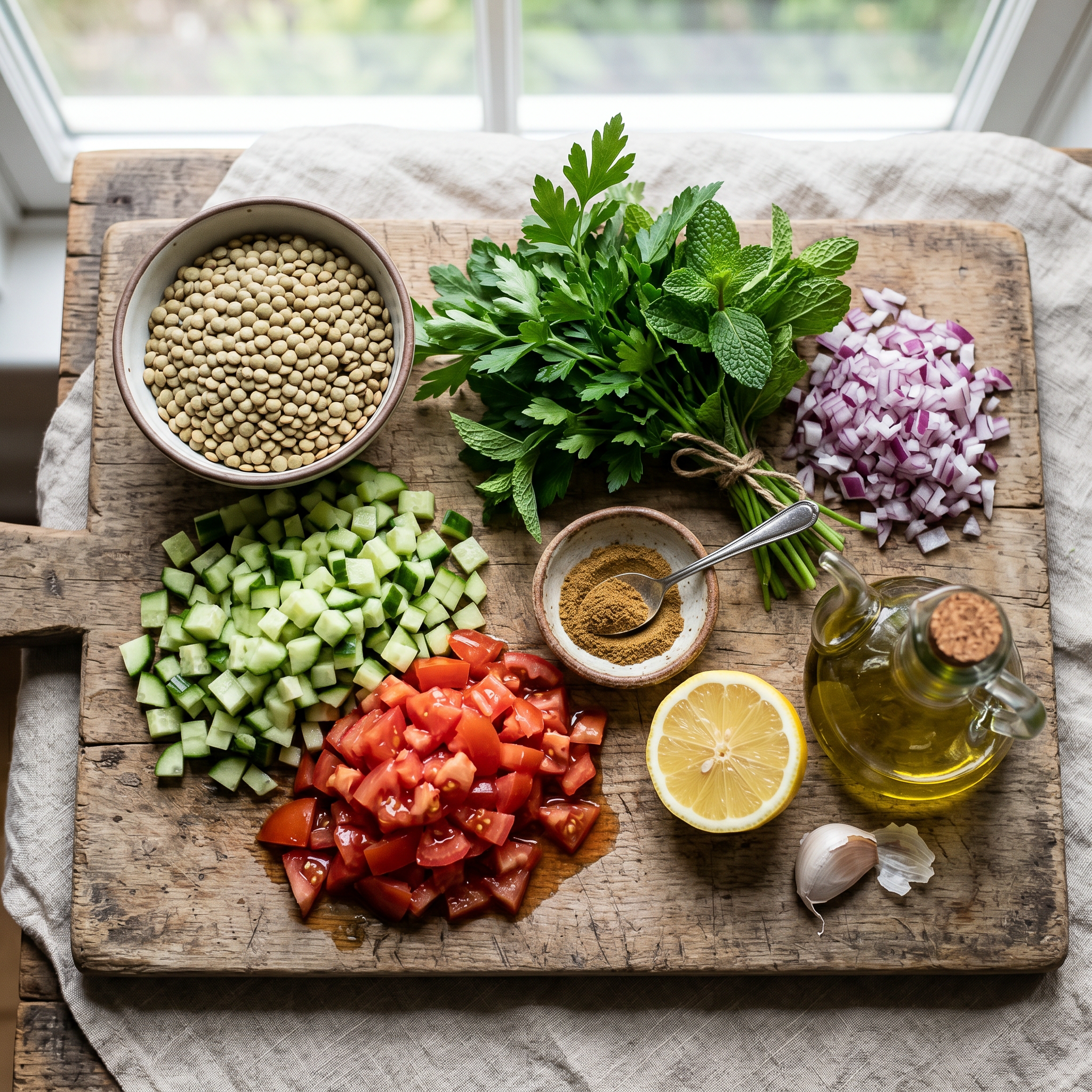 Overhead flat-lay of the raw ingredients for Mediterranean lentil and herb salad, including dry green lentils, diced cucumber and tomato, fresh parsley and mint, lemon, garlic, and olive oil.
