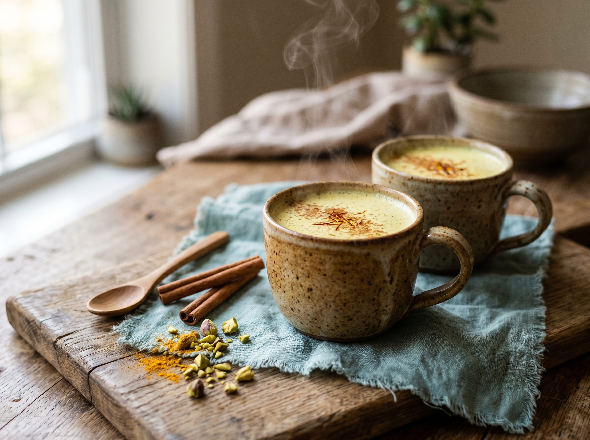 Two ceramic mugs of golden turmeric almond milk, gently steaming, garnished with cinnamon, saffron strands, and chopped pistachios on a rustic wooden board.
