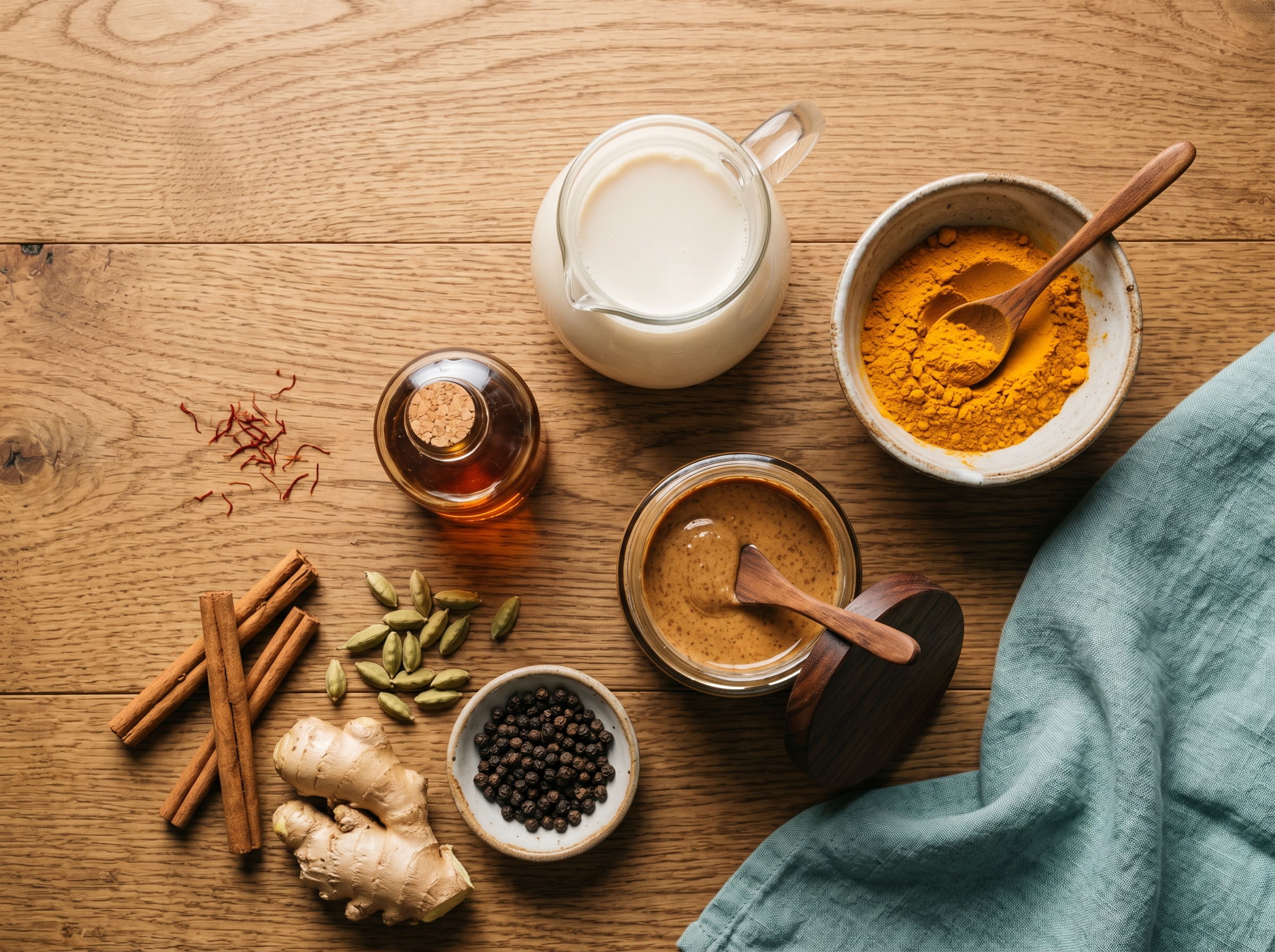 Overhead flat-lay of the raw ingredients for golden turmeric almond milk, including almond milk, turmeric, almond butter, cinnamon sticks, fresh ginger, cardamom, black pepper, maple syrup, and saffron strands.