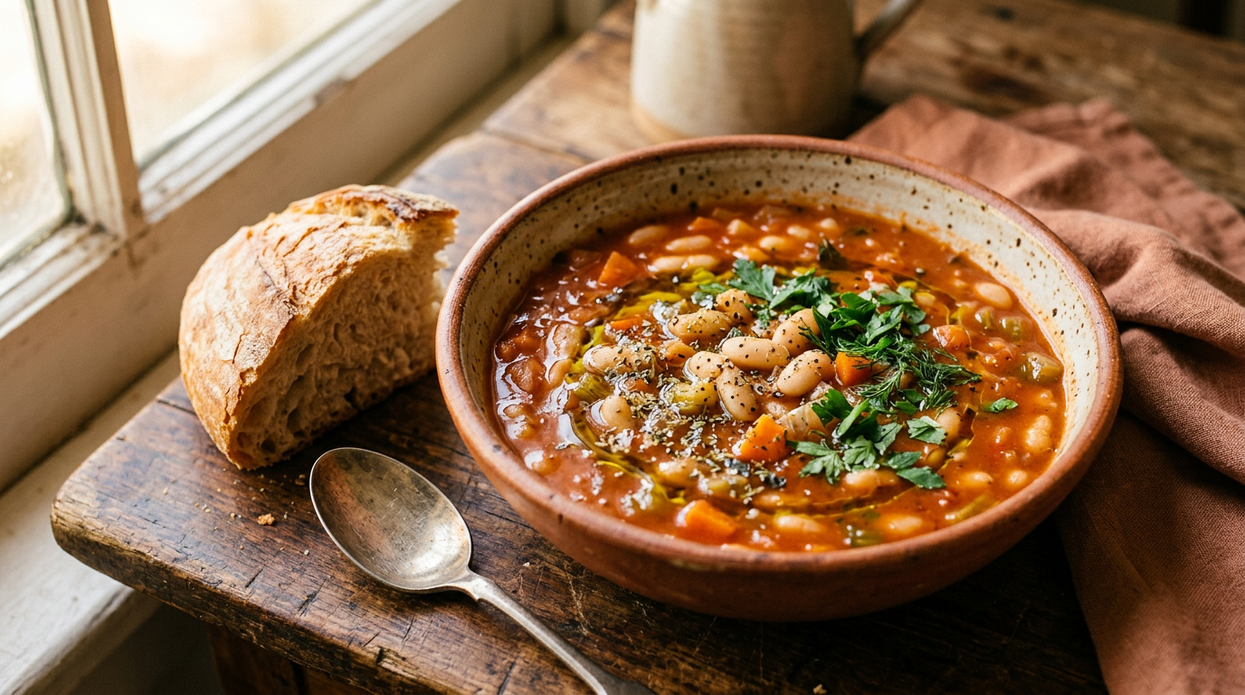 A rustic ceramic bowl of Greek fasolada white bean soup with tender cannellini beans, diced carrots, and celery in a rich tomato-herb broth, drizzled with olive oil and garnished with fresh parsley, served with crusty bread.