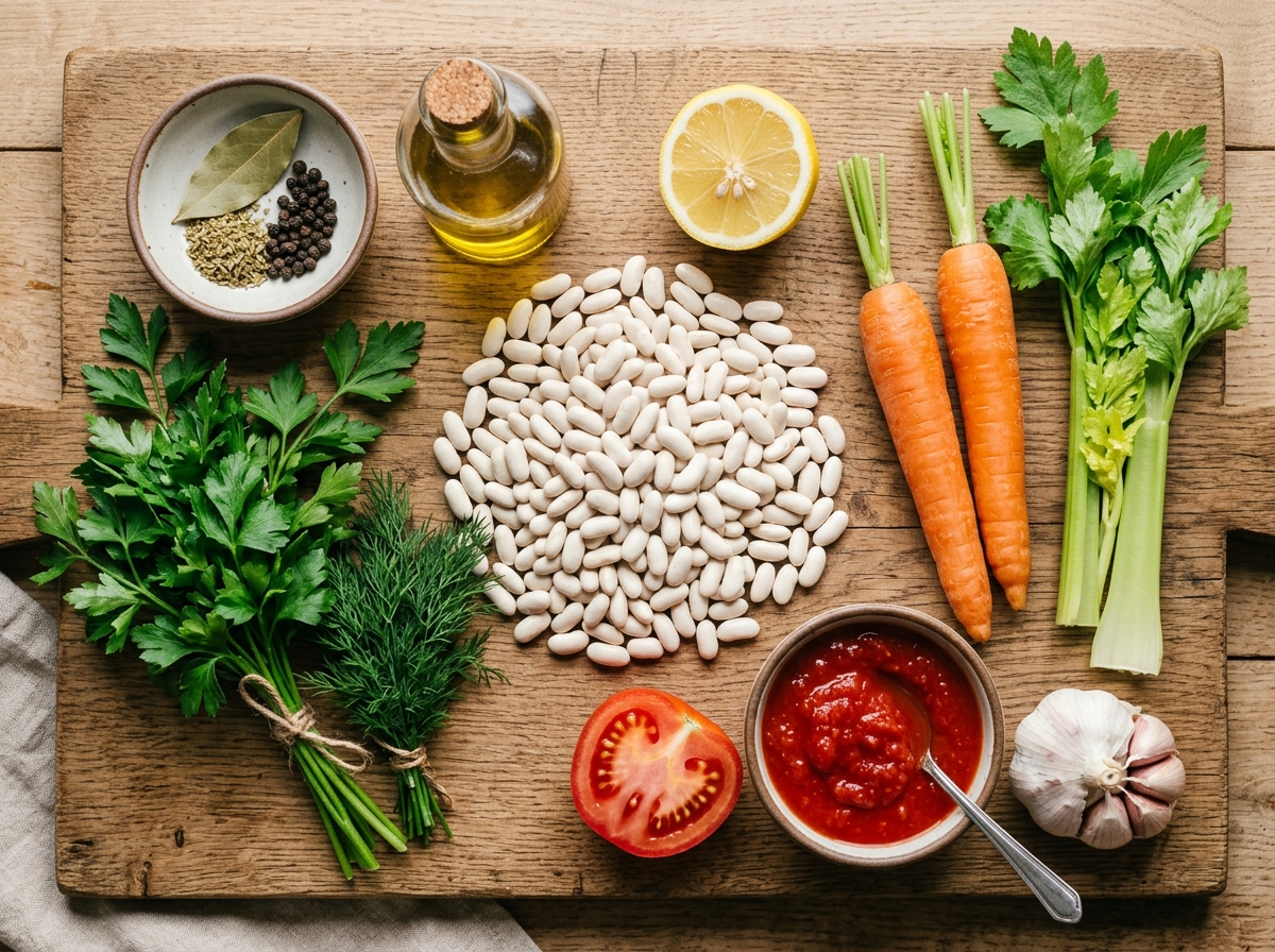 Overhead flat-lay of the raw ingredients for Greek fasolada: dry white cannellini beans, whole carrots, celery, tomatoes, garlic, fresh parsley, dill, olive oil, dried oregano, a bay leaf, and a halved lemon arranged on a rustic wooden surface.