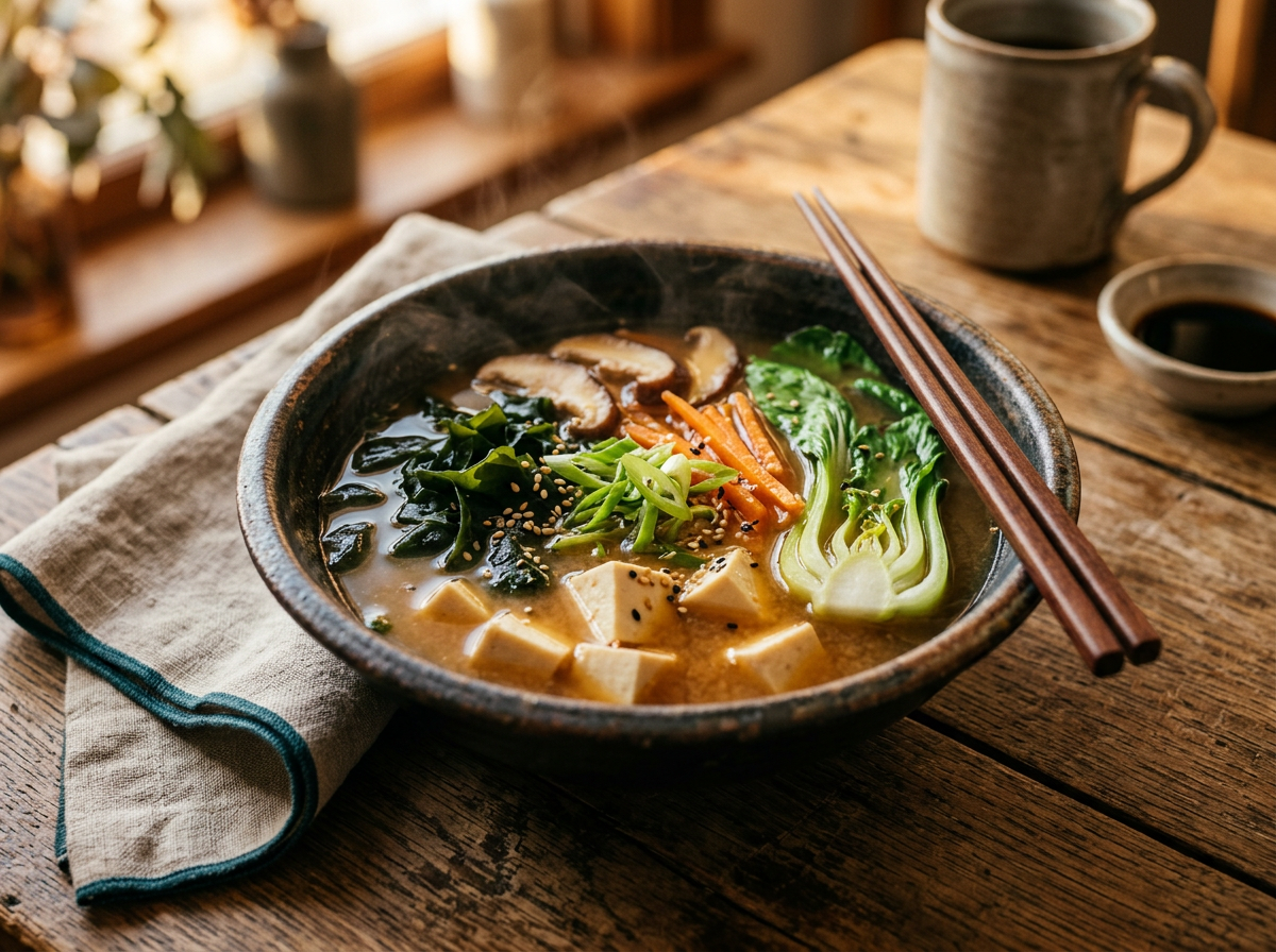 Japanese miso vegetable soup in dark ceramic bowl with tofu, wakame, shiitake mushrooms and scallion garnish