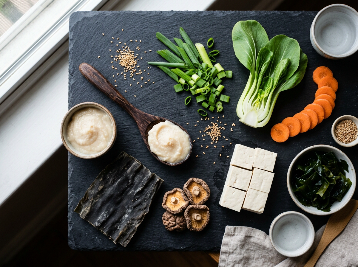 Flat-lay of Japanese miso soup ingredients: white miso paste, kombu, dried shiitake, firm tofu, wakame seaweed, scallions, baby bok choy, and carrot