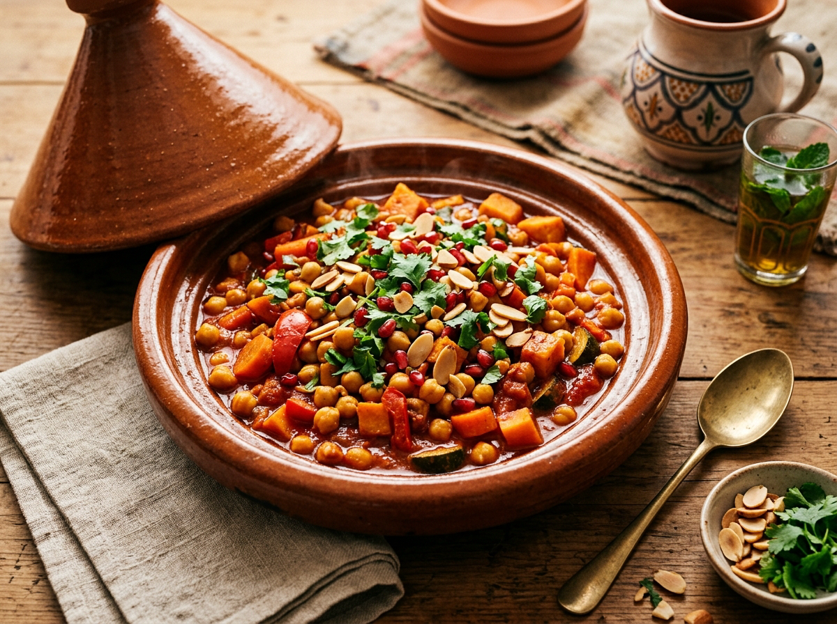 Moroccan chickpea and vegetable tagine in clay dish with golden chickpeas, orange carrots, sweet potato, and fresh cilantro garnish