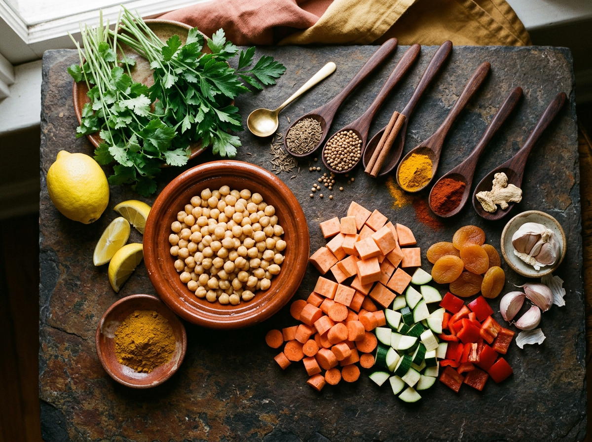 Flat-lay of Moroccan tagine ingredients: chickpeas, whole spices, sweet potato, carrot, zucchini, red bell pepper, dried apricots, fresh cilantro, and lemon