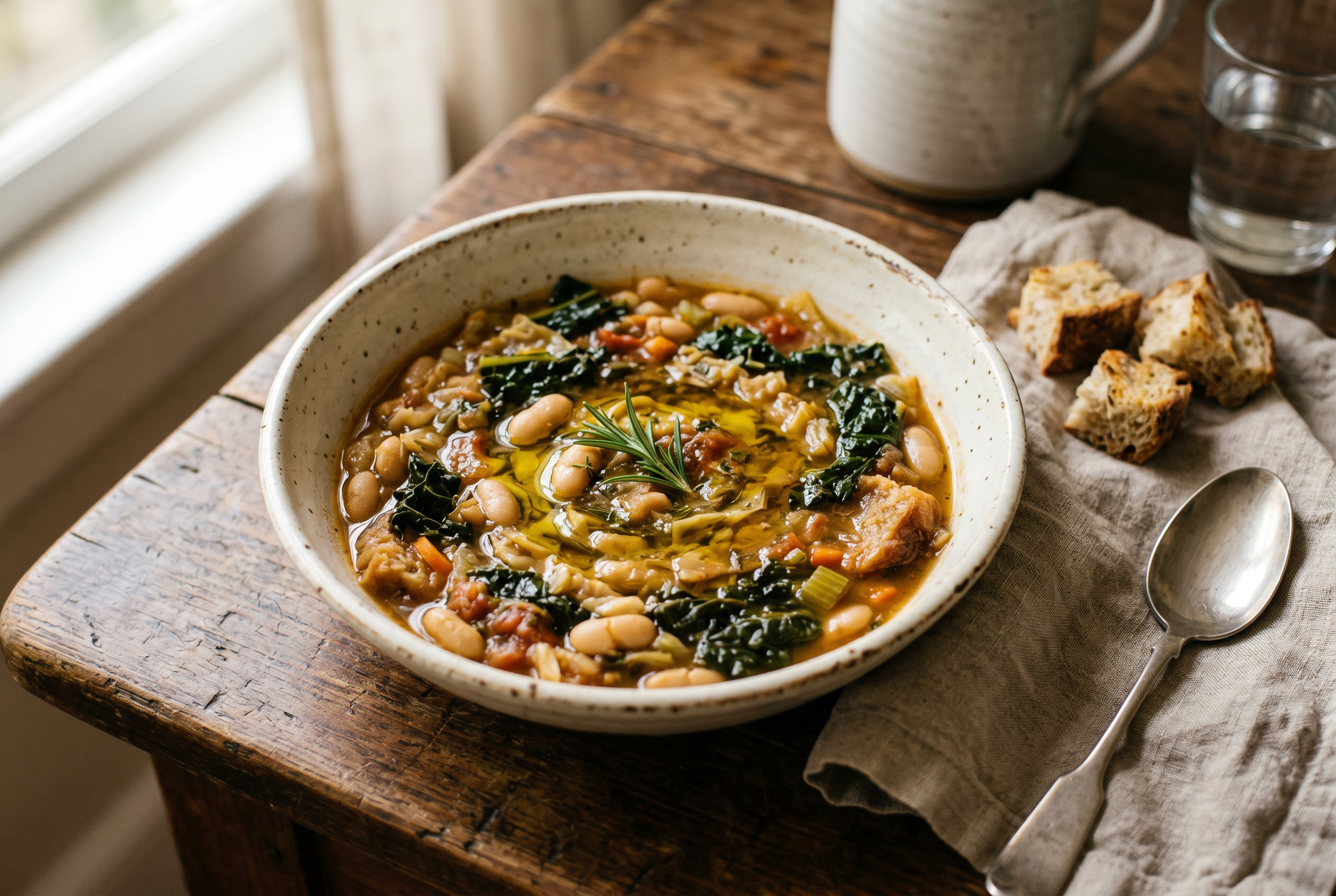 A rustic bowl of Tuscan ribollita with cannellini beans, Tuscan kale, vegetables and bread, finished with olive oil and rosemary