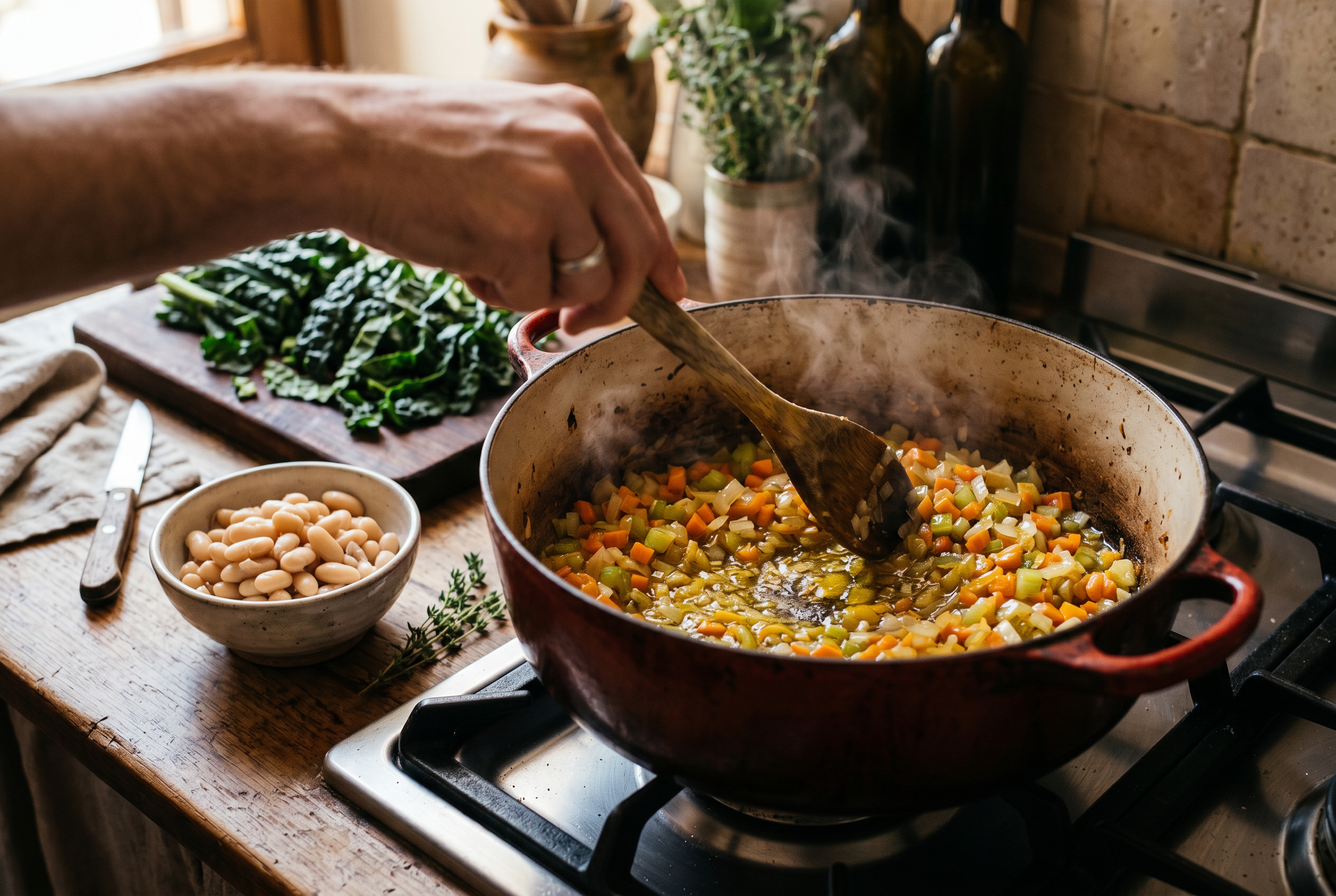 Diced onion, carrot and celery softening in olive oil in a Dutch oven, the soffritto base for Tuscan ribollita