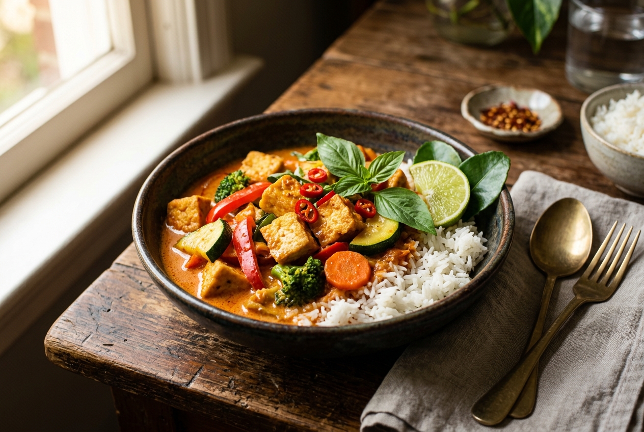 A bowl of Thai red curry with tofu, red bell pepper, zucchini, broccoli and carrots in coconut sauce over jasmine rice, topped with fresh basil and lime