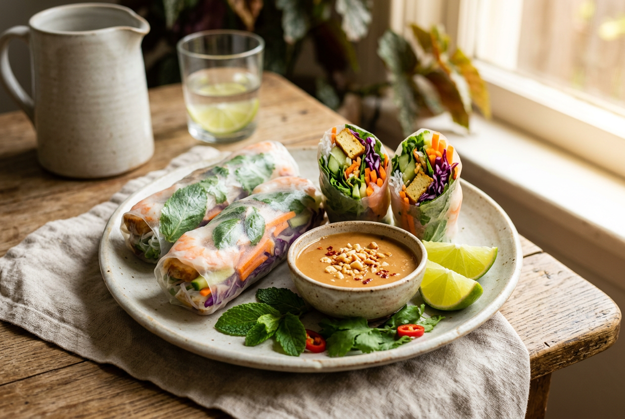 Fresh Vietnamese summer rolls on a ceramic plate with translucent rice paper revealing herbs, carrots, cucumber, noodles and tofu, served with peanut-lime dipping sauce