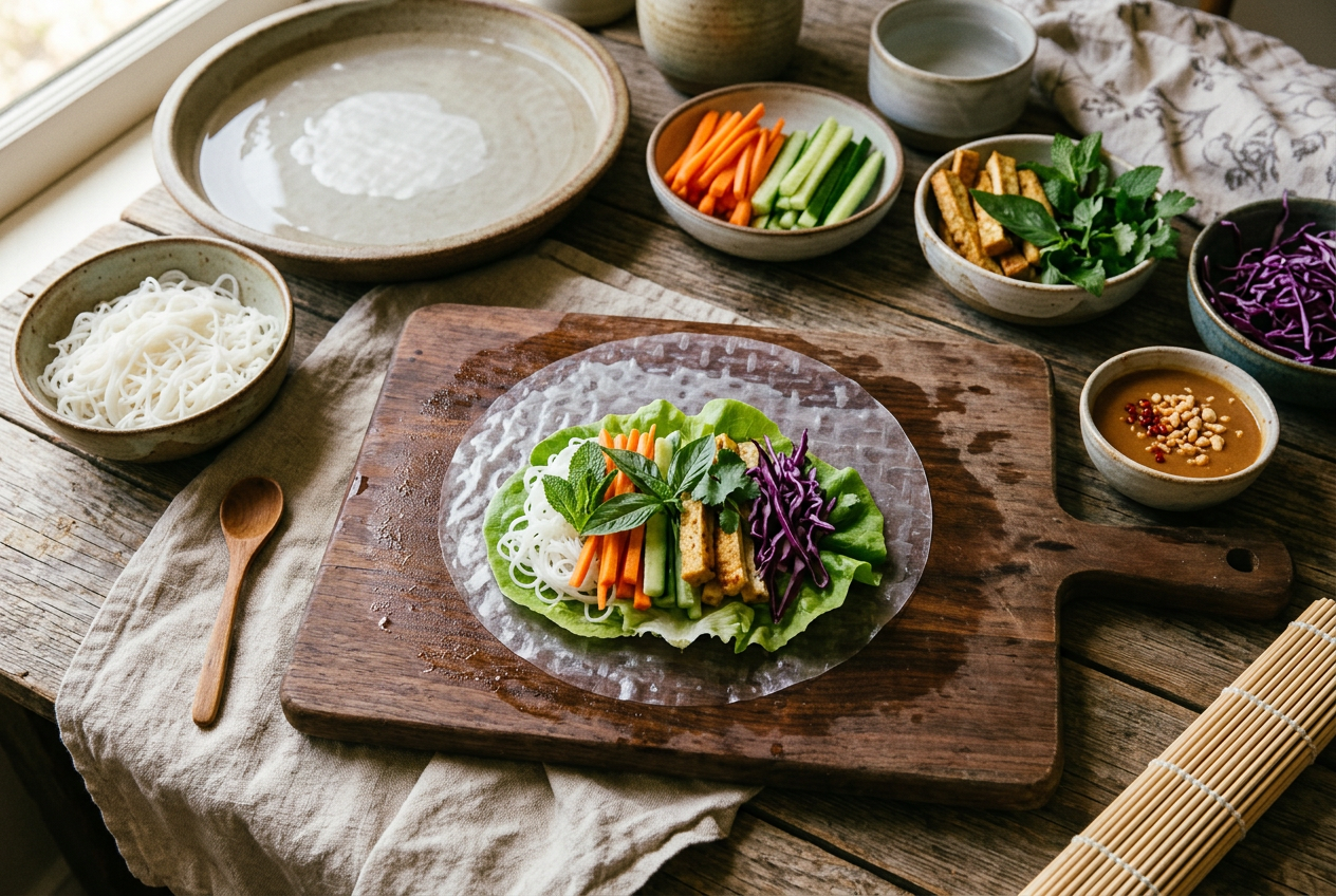 A summer roll being assembled on a damp board: softened rice paper topped with lettuce, rice noodles, carrot and cucumber matchsticks, tofu and fresh herbs, with prepped ingredients nearby