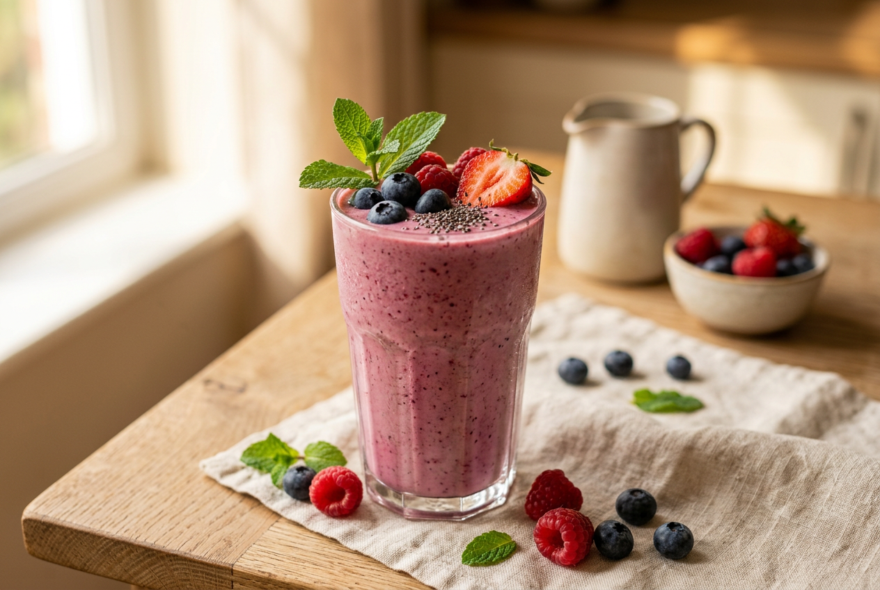 A tall glass of berry-vanilla smoothie topped with fresh blueberries, raspberries, strawberry, chia seeds and mint, on a rustic wood table with scattered berries