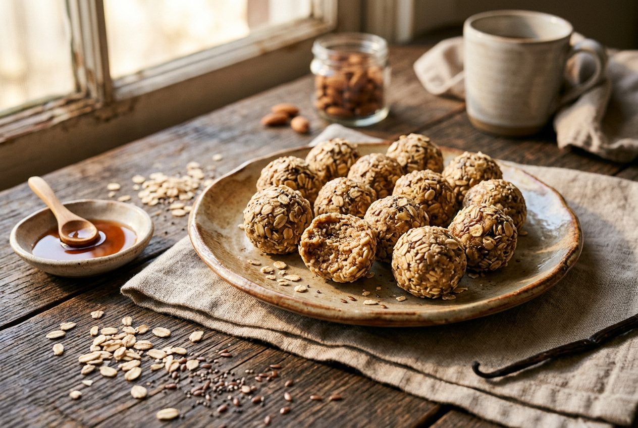 A plate of no-bake vanilla energy bites made from oats and almond butter, one halved to show the soft interior, with scattered oats