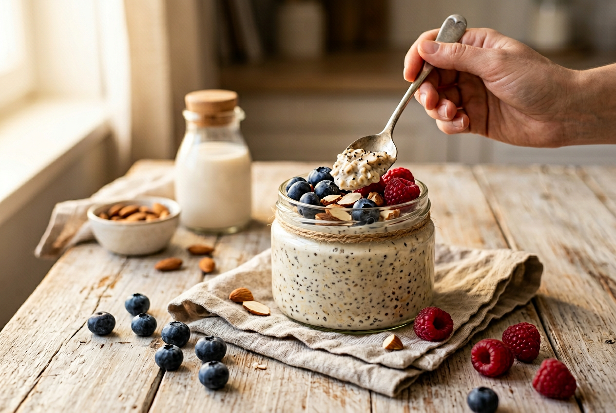 A jar of creamy vanilla overnight oats topped with blueberries, raspberries, sliced almonds and chia, with a spoon