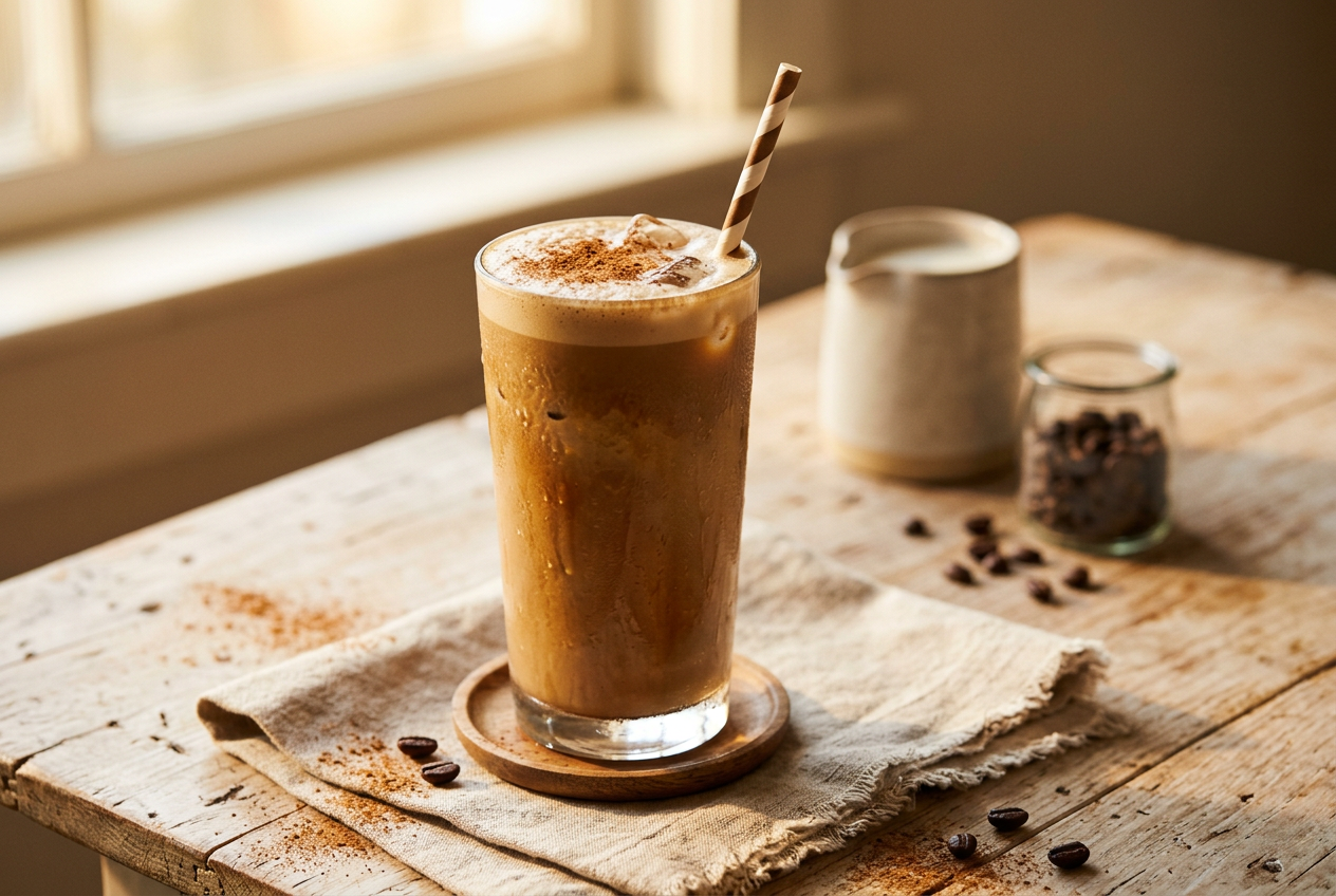 A tall glass of creamy iced coffee protein shake with foam and cinnamon, a paper straw, and scattered coffee beans