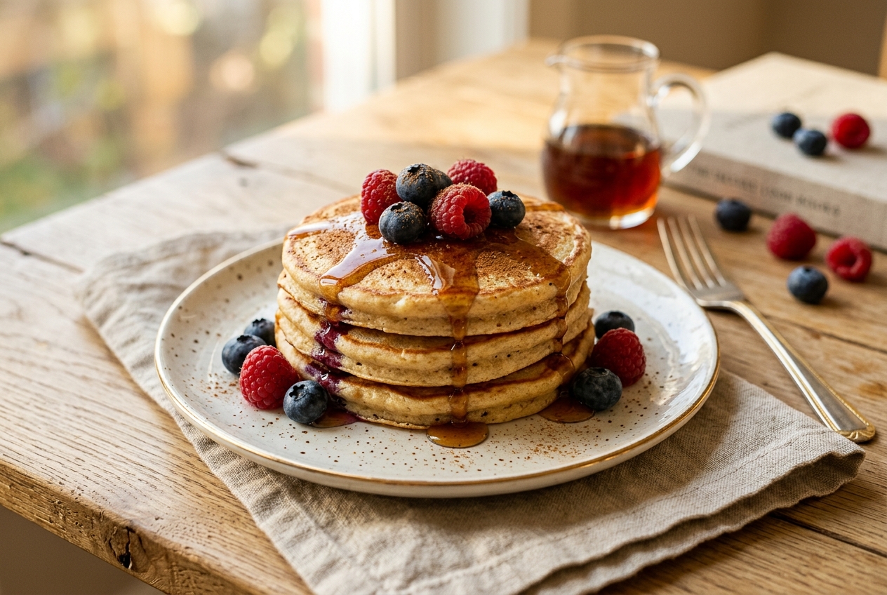 A short stack of fluffy golden vegan pancakes topped with blueberries, raspberries and maple syrup