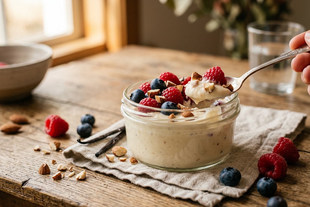 A jar of creamy vanilla protein pudding topped with raspberries, blueberries and chopped almonds