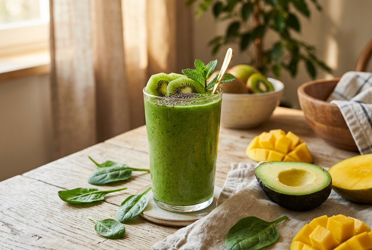 A tall glass of vibrant green smoothie topped with kiwi, chia and mint, with spinach, avocado and mango nearby