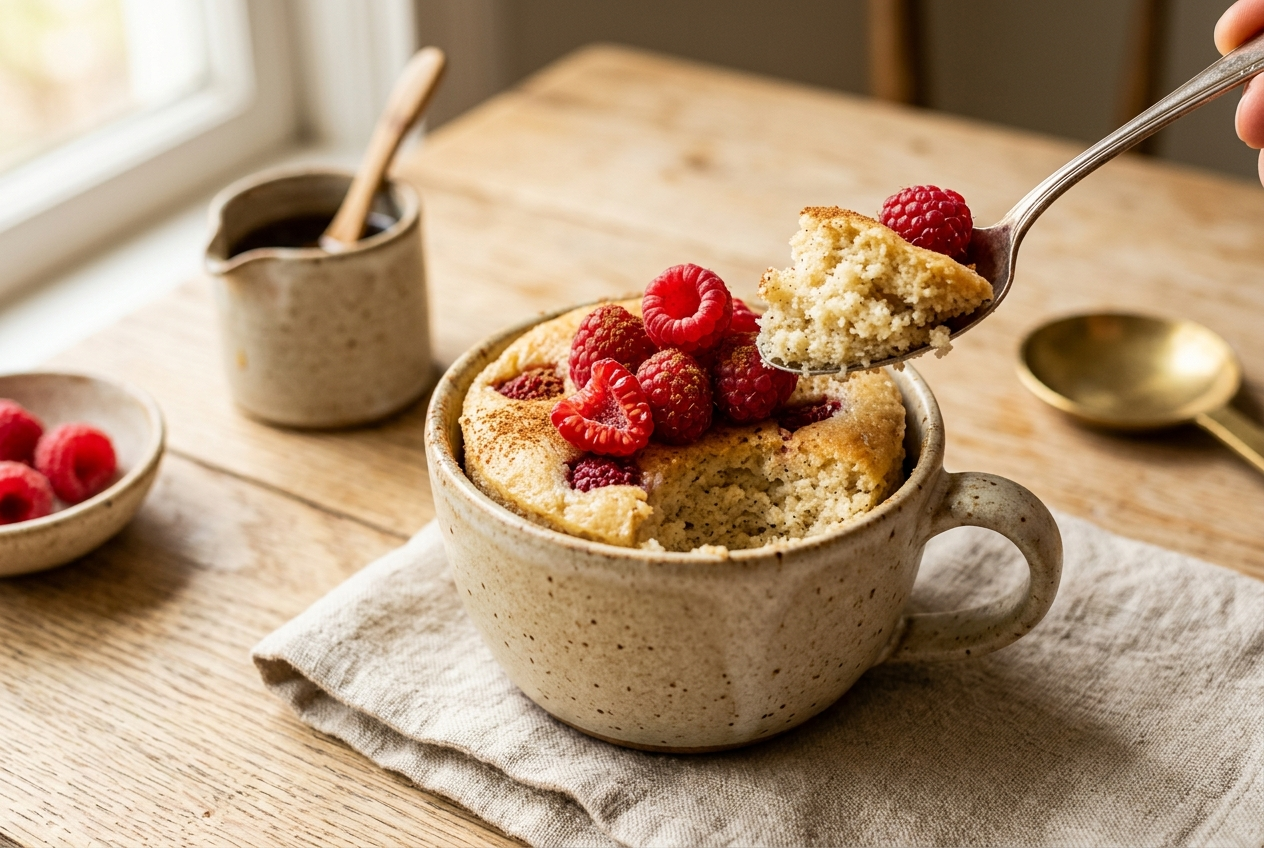 A warm vanilla protein mug cake in a ceramic mug with a spoonful lifted out, topped with raspberries
