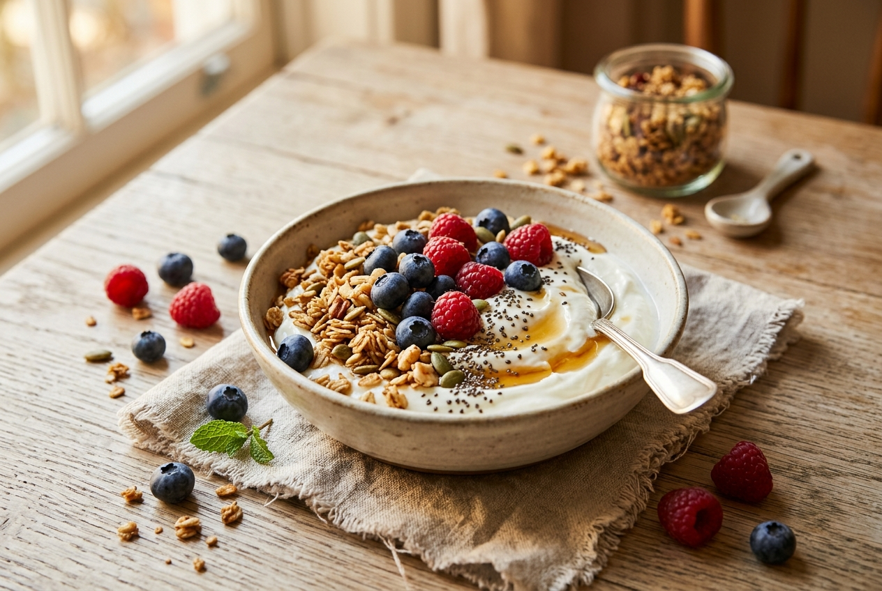 A bowl of creamy yogurt topped with blueberries, raspberries, granola and seeds, with a spoon