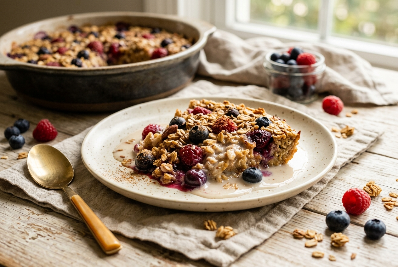 A warm portion of baked protein oatmeal studded with berries, with plant milk poured over