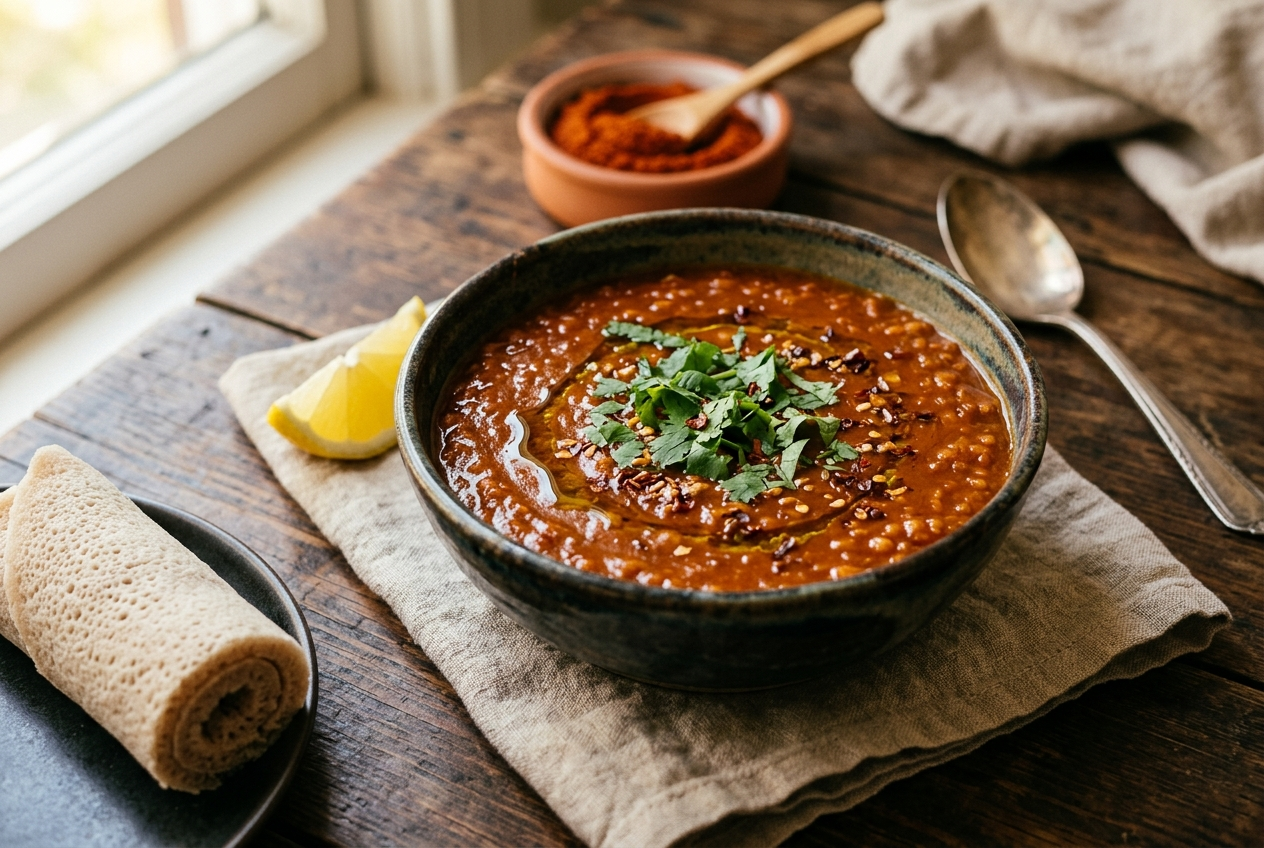 A rustic bowl of Ethiopian misir wat, a deep red berbere-spiced red lentil stew, garnished with cilantro, with injera and a lemon wedge
