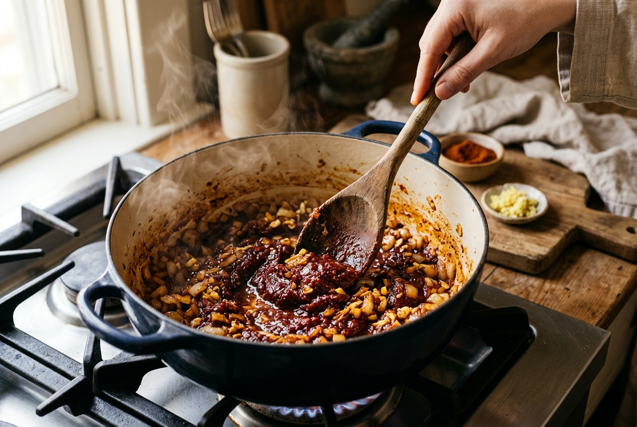 Berbere spice and tomato paste blooming with softened onions, garlic and ginger in a Dutch oven, stirred into a dark aromatic paste