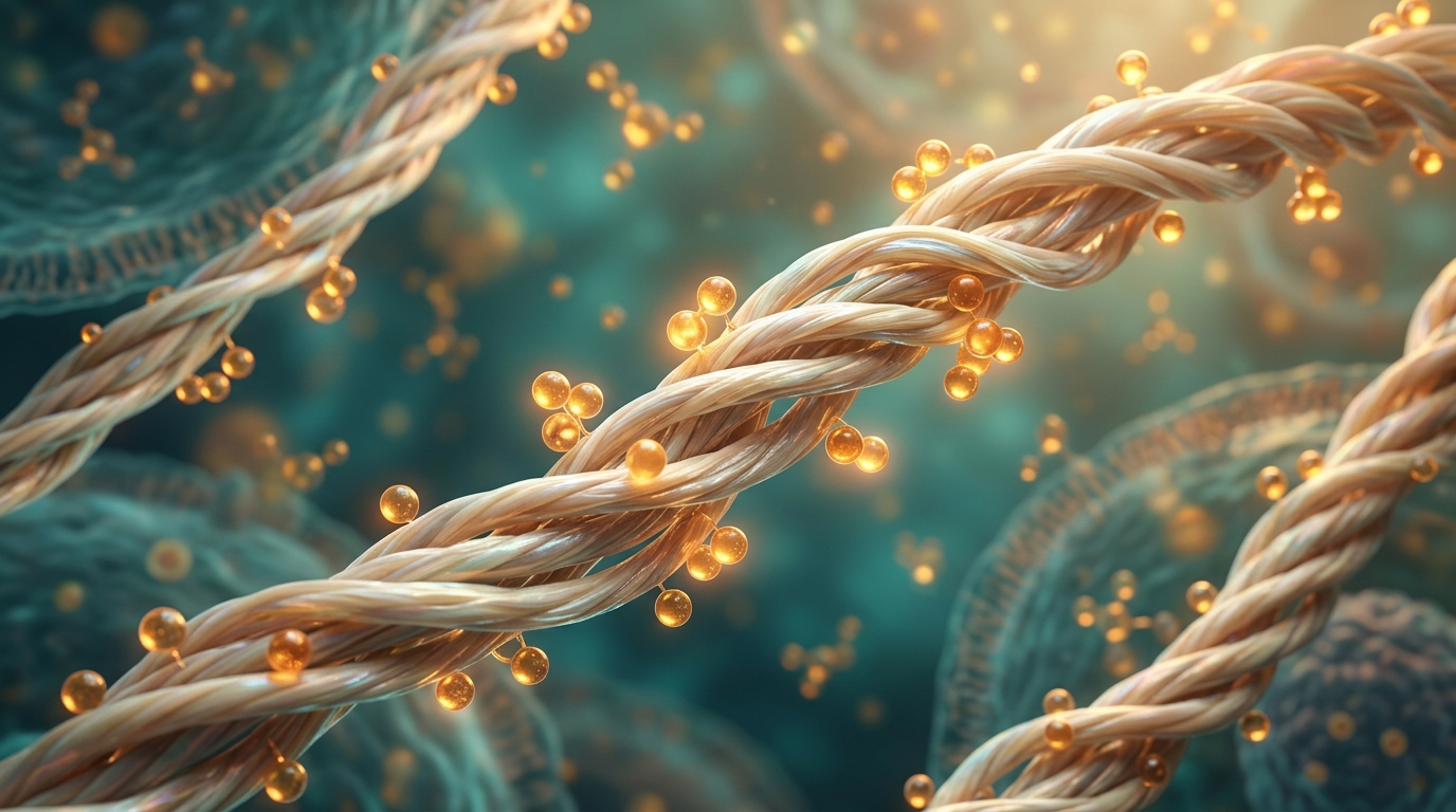 Scientific illustration of Vitamin C molecules interacting with collagen fibrils in human connective tissue