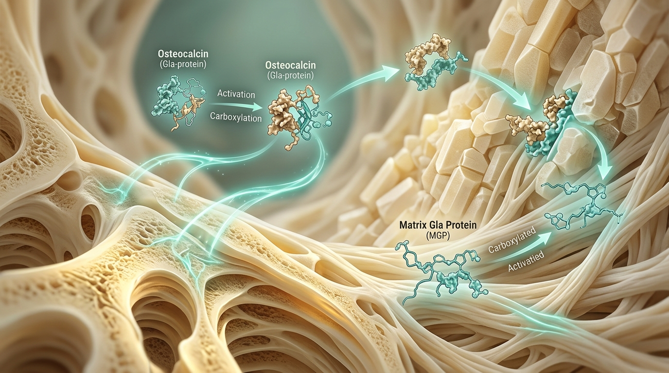 Scientific illustration of Vitamin K2-dependent proteins (Osteocalcin, MGP) integrating into bone matrix