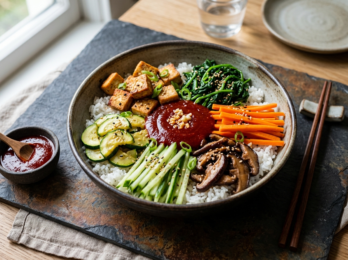 Vegan bibimbap bowl with golden tofu, colorful seasoned vegetables, and gochujang sauce arranged beautifully over steamed white rice