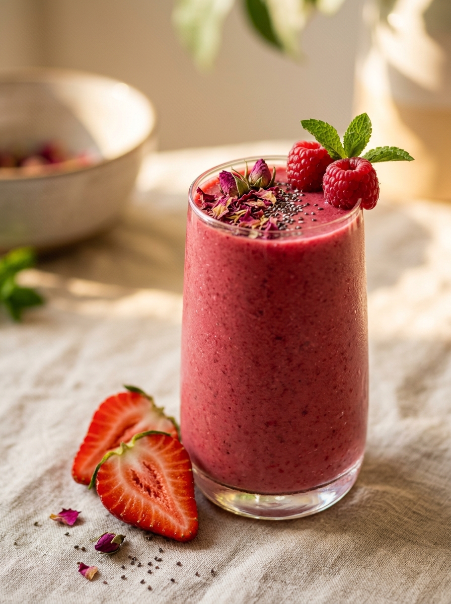 Berry Rose Smoothie in a tall clear glass - deep pink berry smoothie garnished with fresh raspberries, dried rose petals, and chia seeds on a cream linen surface