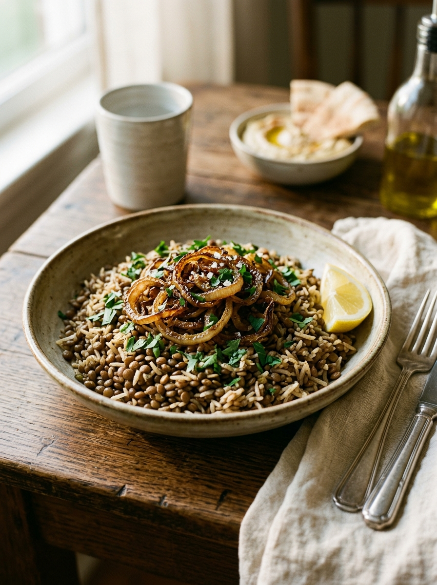 Mujadara in a wide shallow ceramic bowl - golden-brown lentils and rice topped with deeply caramelized onion rings and fresh parsley, served on a dark wood surface with a lemon wedge