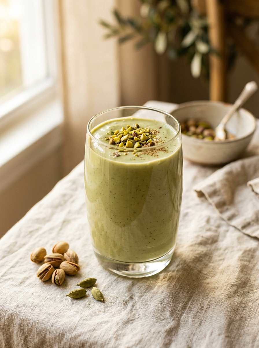 Pistachio Cardamom Smoothie in a tall clear glass - pale sage-green smoothie garnished with chopped pistachios and a pinch of cardamom, with whole pistachios and a cardamom pod on the side