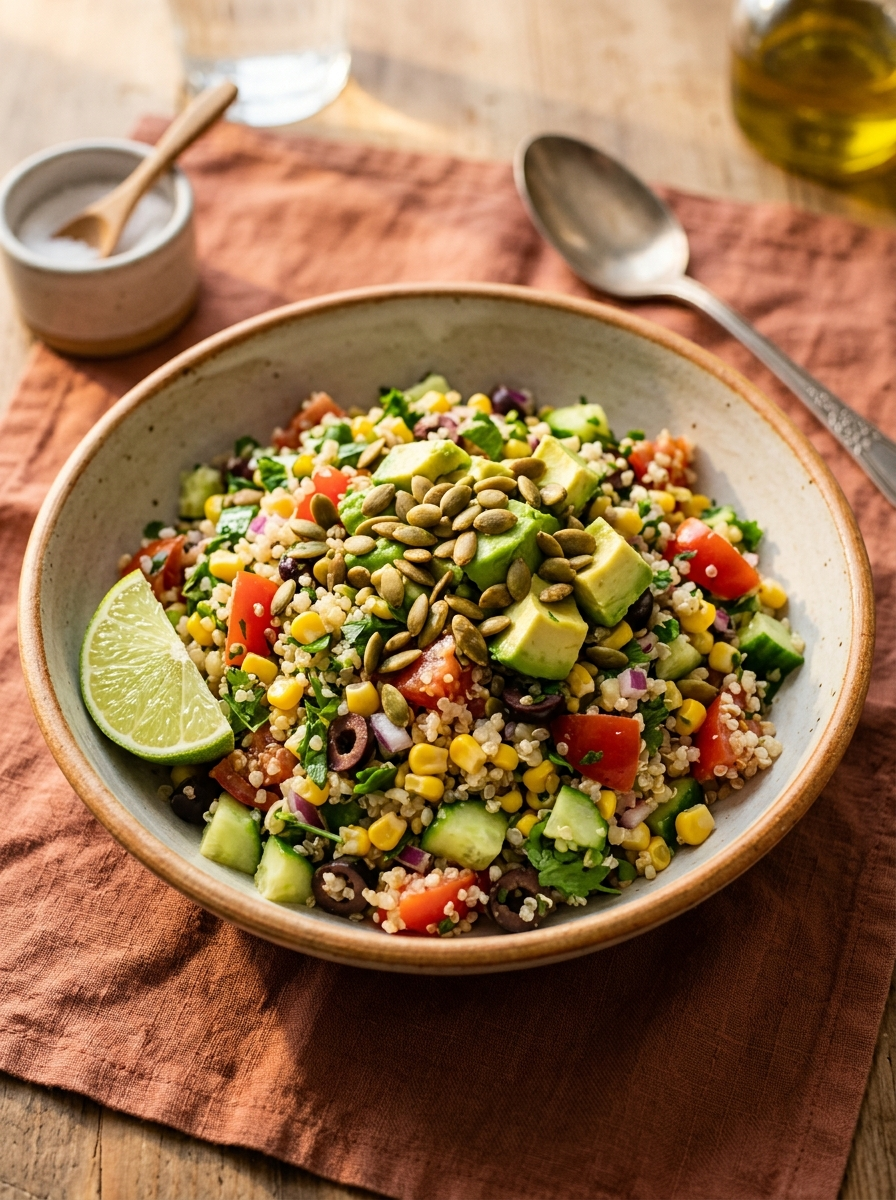Quinoa Solterito bowl - a wide ceramic bowl of colorful Peruvian-inspired quinoa salad with corn, tomato, cucumber, avocado, olives, and fresh herbs, garnished with lime wedge and toasted pumpkin seeds