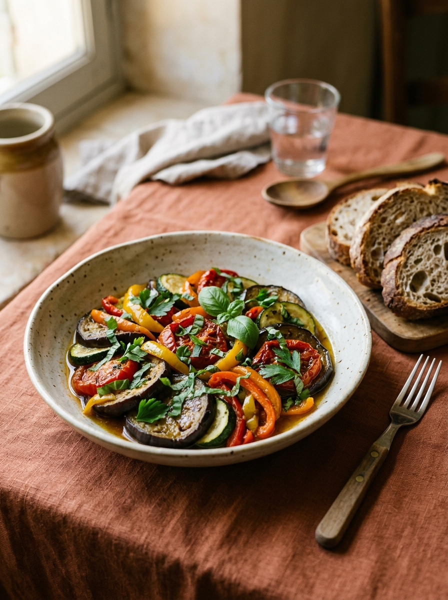 Ratatouille in a wide shallow ceramic bowl - silky slow-cooked eggplant, zucchini, tomatoes, and bell peppers glistening in olive oil, topped with fresh basil and parsley, with crusty bread alongside