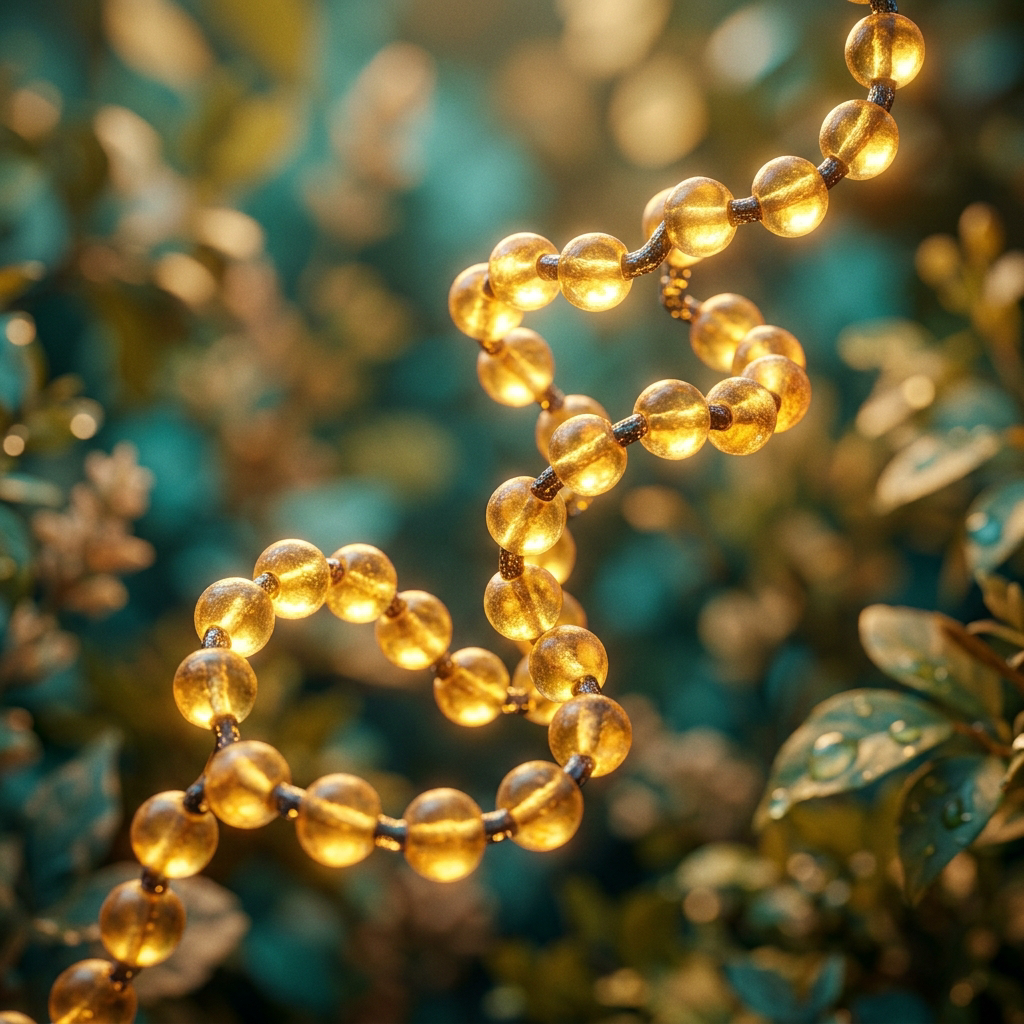 Amino acid chain as glowing golden beads