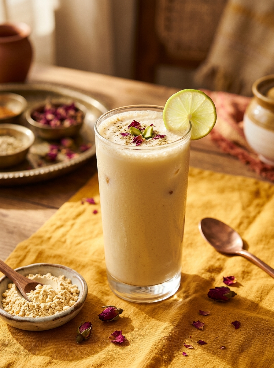 Sattu Rose Cooler in a tall clear glass - a creamy pale golden Indian sattu drink garnished with crushed rose petals, cardamom, and chopped pistachios, with a lime slice and a small dish of roasted gram flour alongside