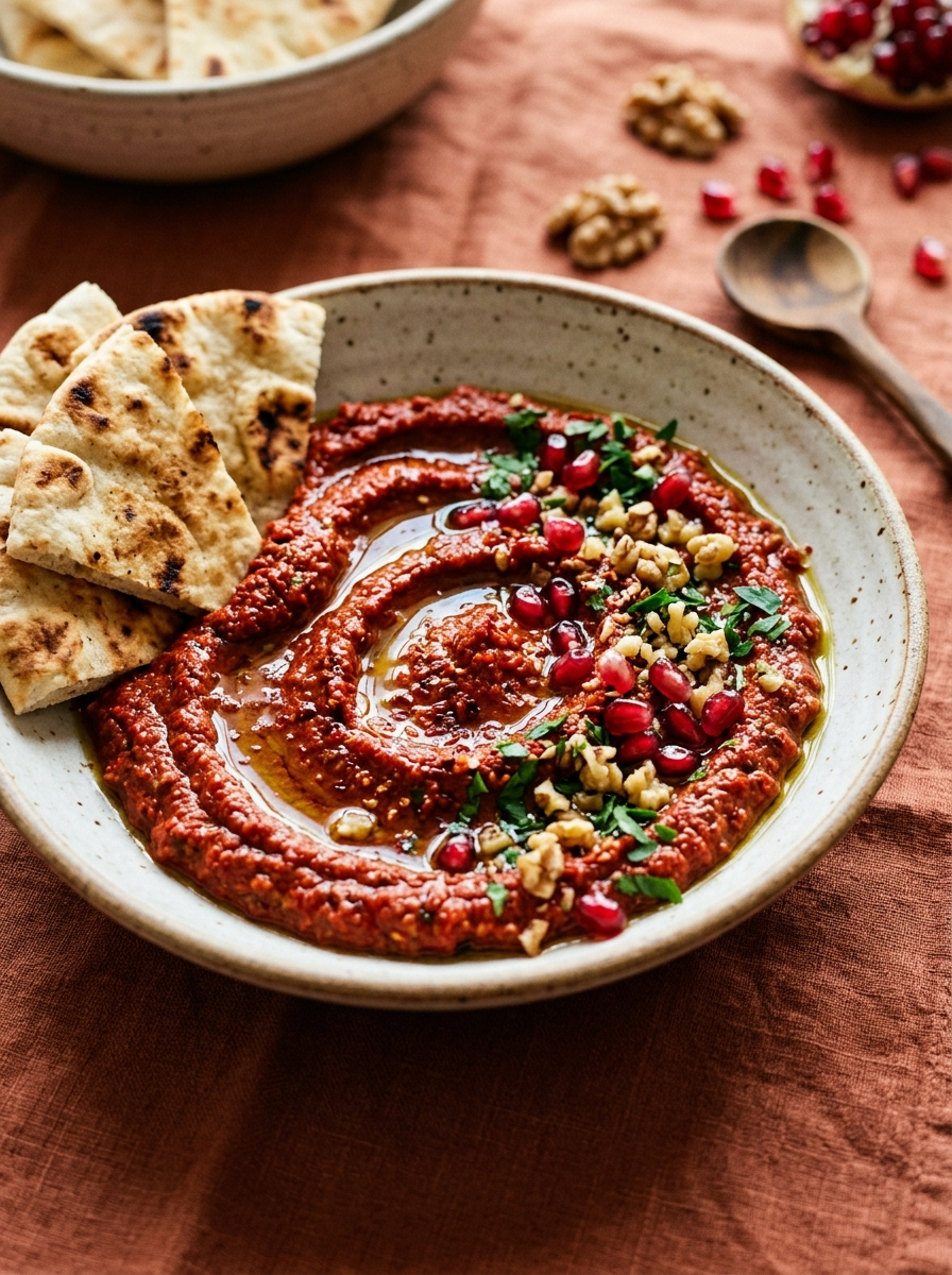 Muhammara dip in a wide shallow ceramic bowl - a deep crimson roasted red pepper and walnut dip swirled and drizzled with olive oil, scattered with pomegranate seeds, chopped walnuts, parsley, and Aleppo pepper, with warm pita wedges alongside