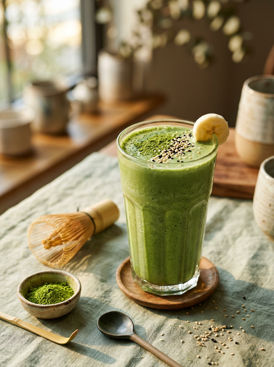 Matcha sesame smoothie in a tall clear glass - a vivid jade-green creamy matcha smoothie garnished with a dusting of matcha powder, white sesame seeds, and a banana slice, with a bamboo whisk and matcha bowl alongside